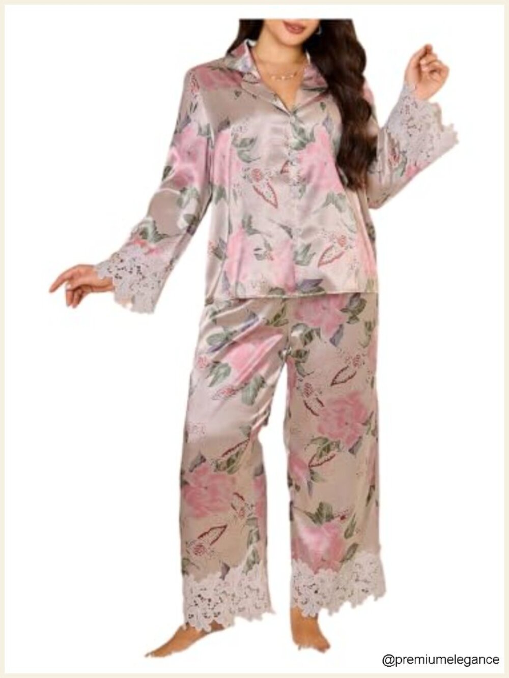 Women's Plus Size Satin Pajama Set 2 Piece Lace Trim Button Down Sleepwear